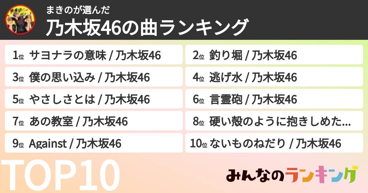 まきのさんの「乃木坂46の曲ランキング」