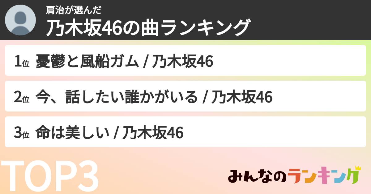 肩治さんの「乃木坂46の曲ランキング」