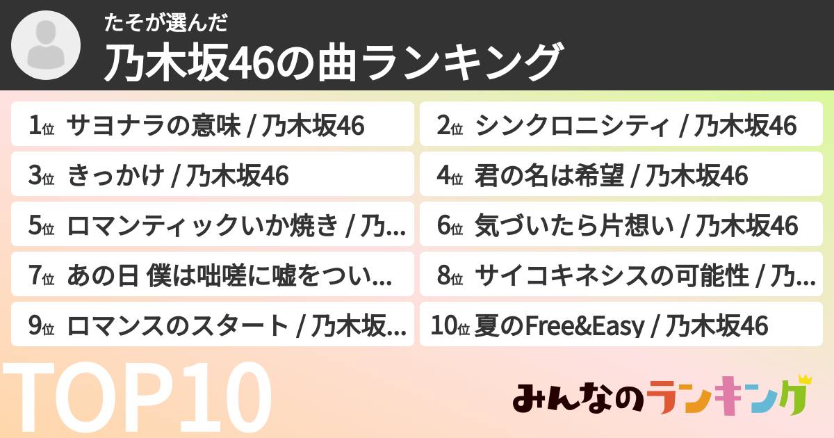 たそさんの「乃木坂46の曲ランキング」