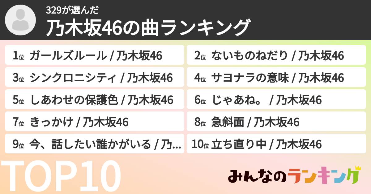 329さんの「乃木坂46の曲ランキング」