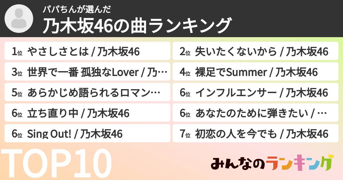 パパちんさんの「乃木坂46の曲ランキング」