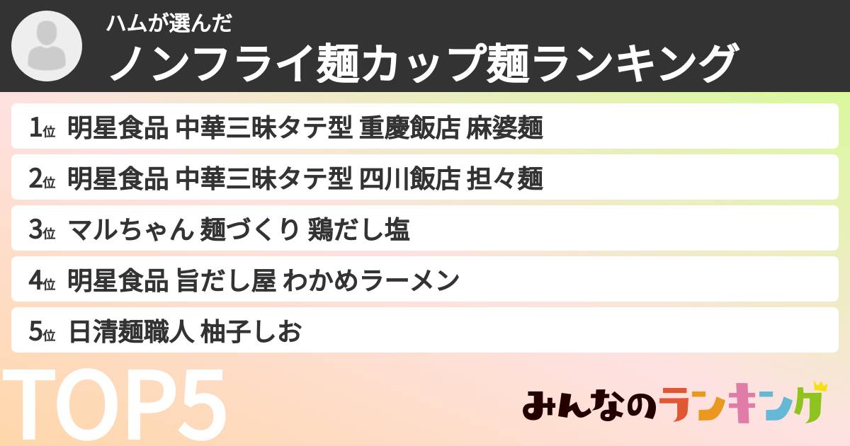 ハムさんの「ノンフライ麺カップ麺ランキング」