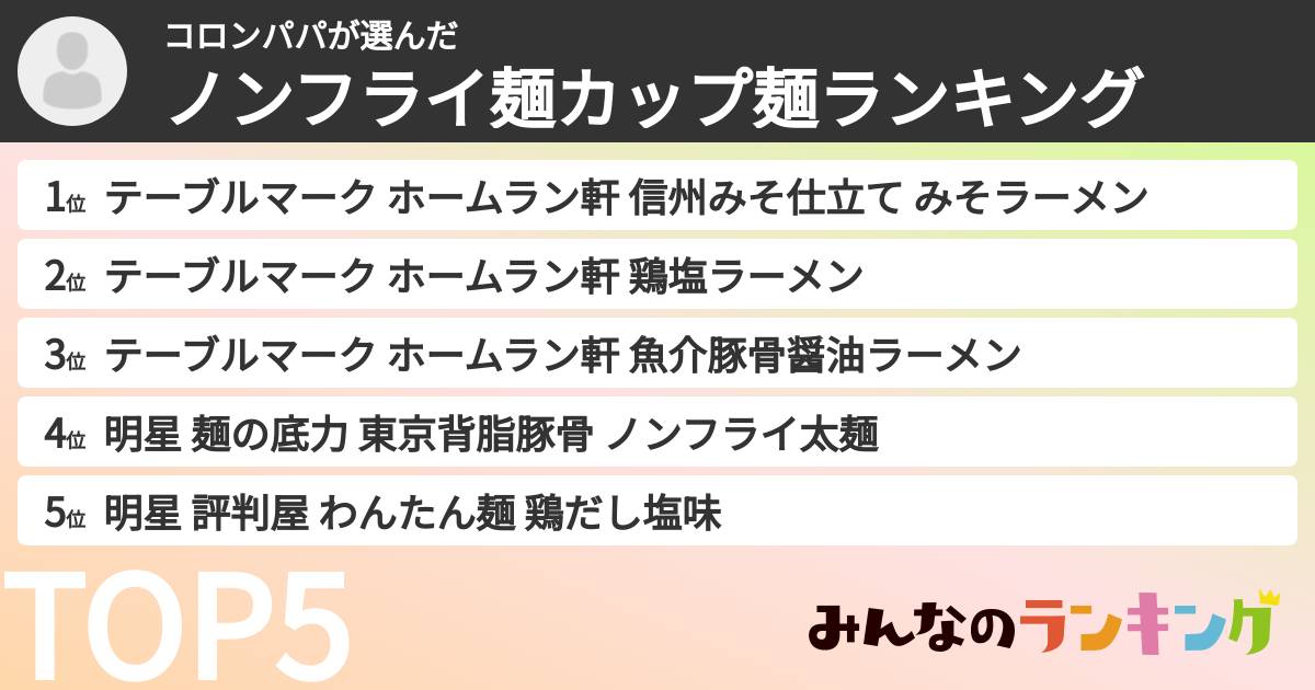 コロンパパさんの「ノンフライ麺カップ麺ランキング」