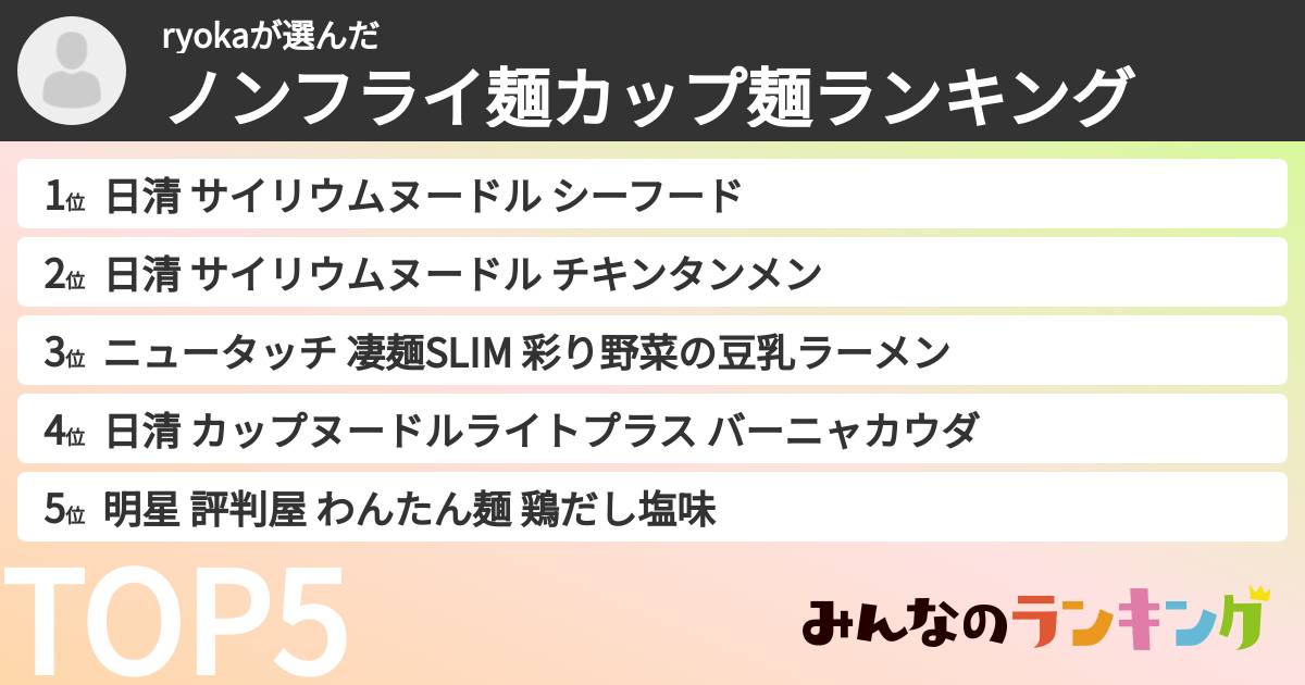 ryokaさんの「ノンフライ麺カップ麺ランキング」