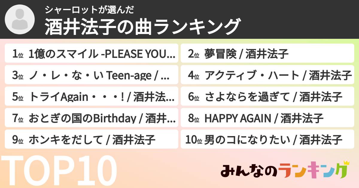シャーロットさんの「酒井法子の曲ランキング」