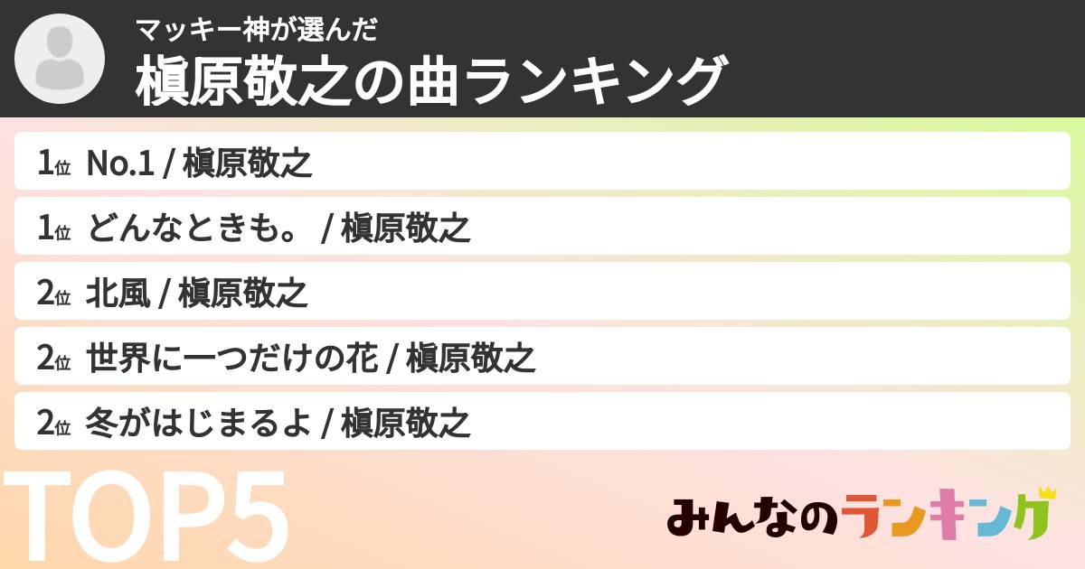 マッキー神さんの「槇原敬之の曲ランキング」