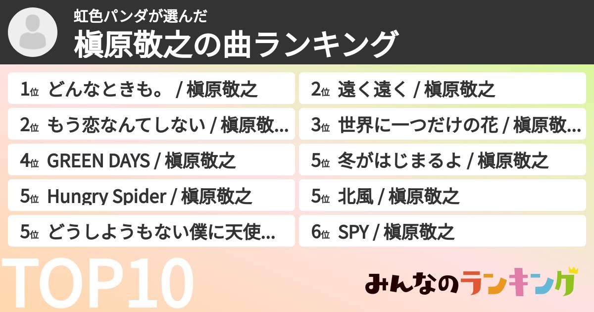 虹色パンダさんの「槇原敬之の曲ランキング」