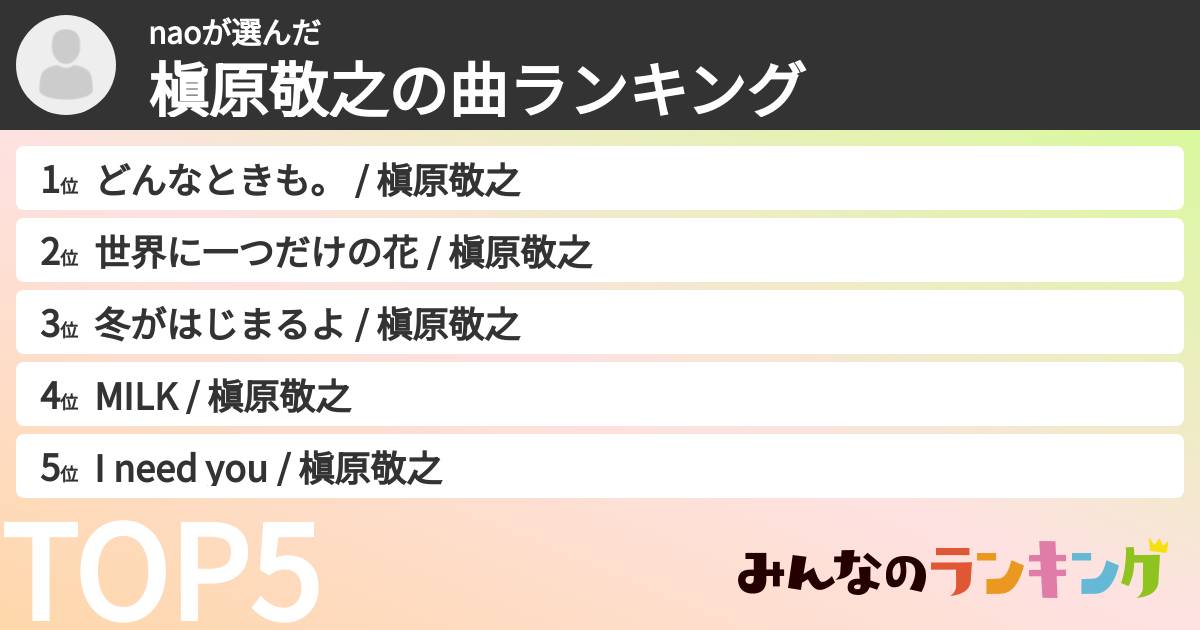 naoさんの「槇原敬之の曲ランキング」