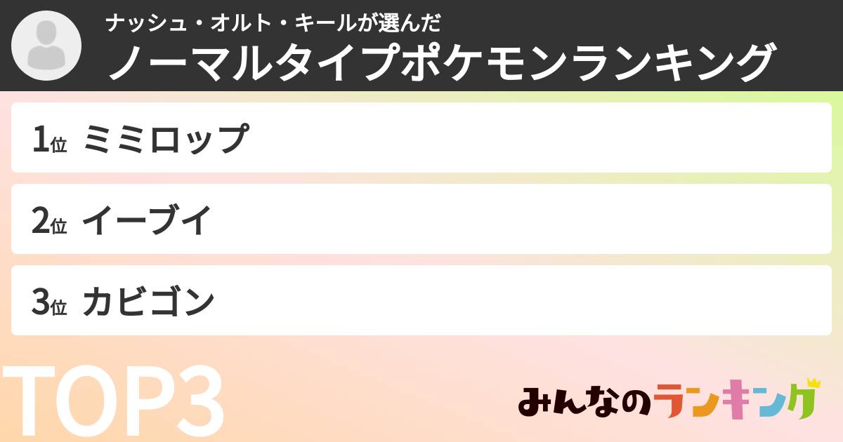 ナッシュ・オルト・キールさんの「ノーマルタイプポケモンランキング」