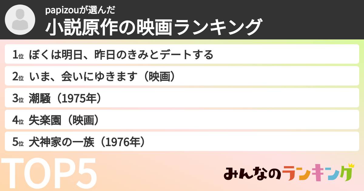 papizouさんの「小説原作の映画ランキング」