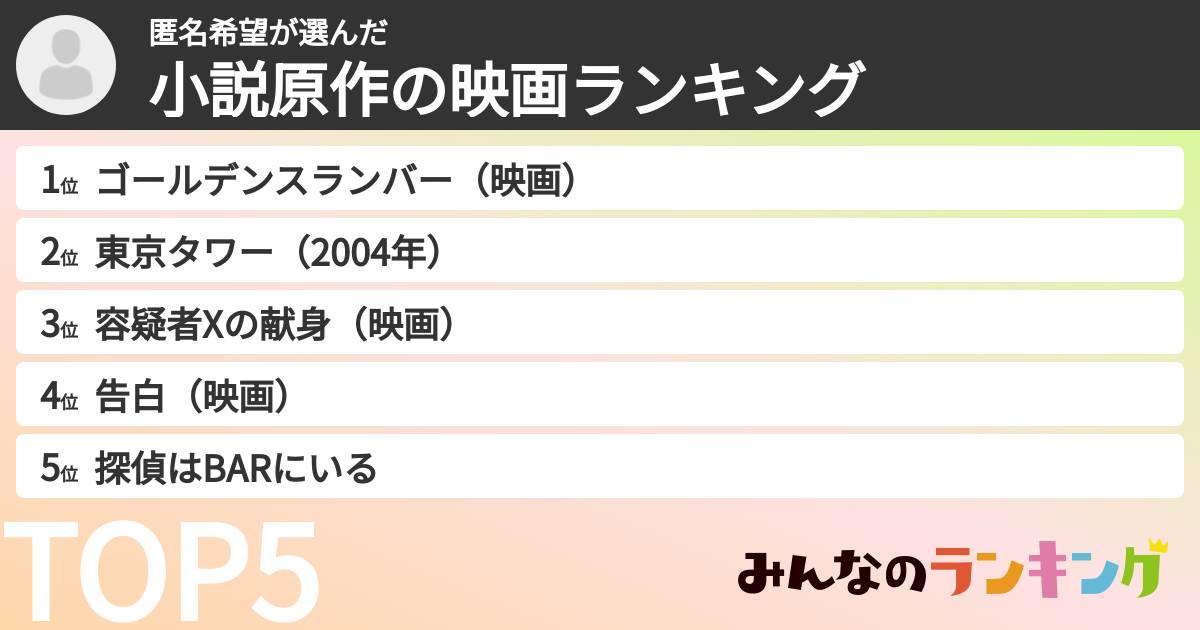 匿名希望さんの「小説原作の映画ランキング」