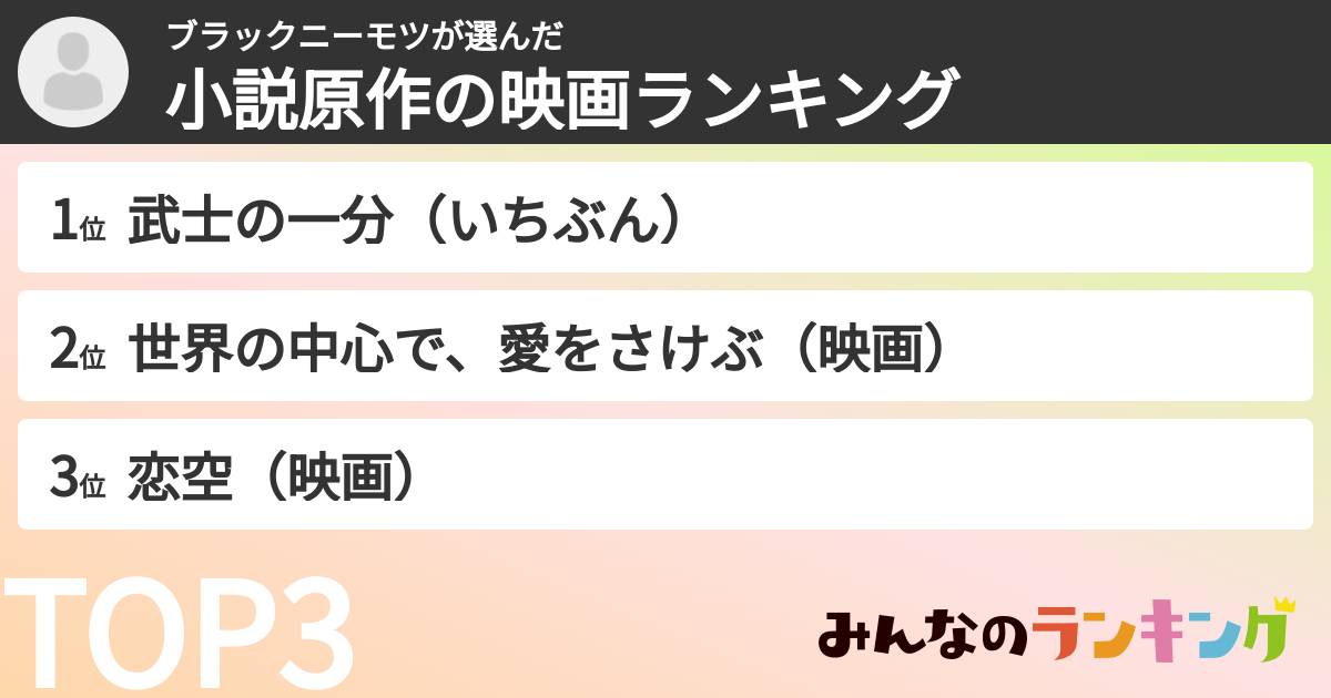 ブラックニーモツさんの「小説原作の映画ランキング」