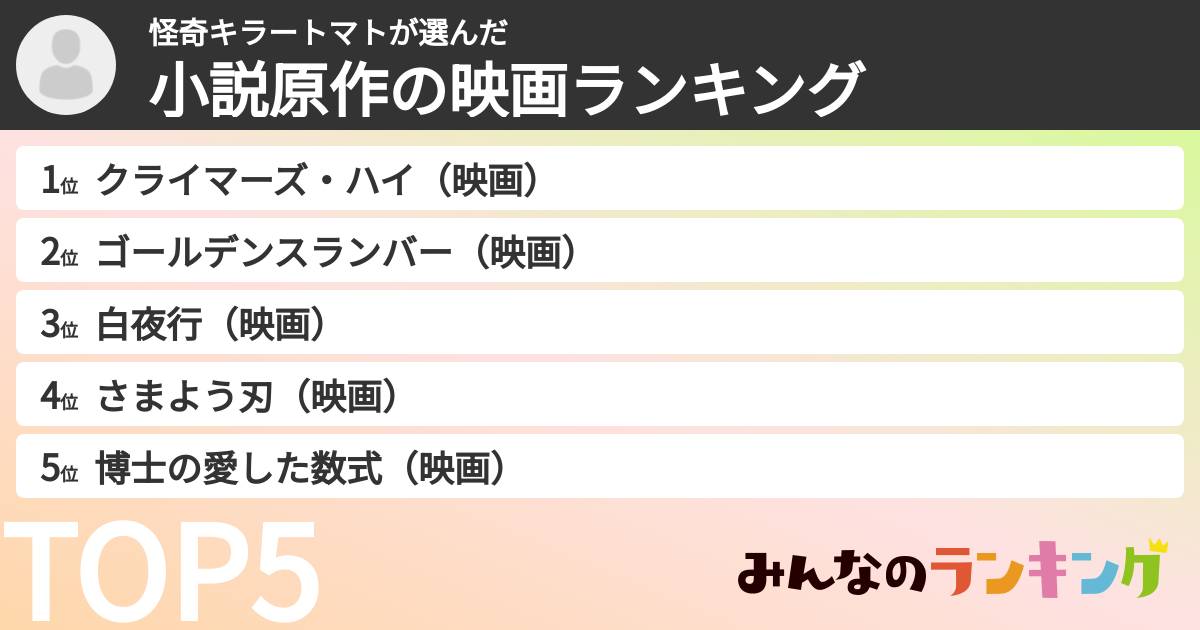 怪奇キラートマトさんの「小説原作の映画ランキング」