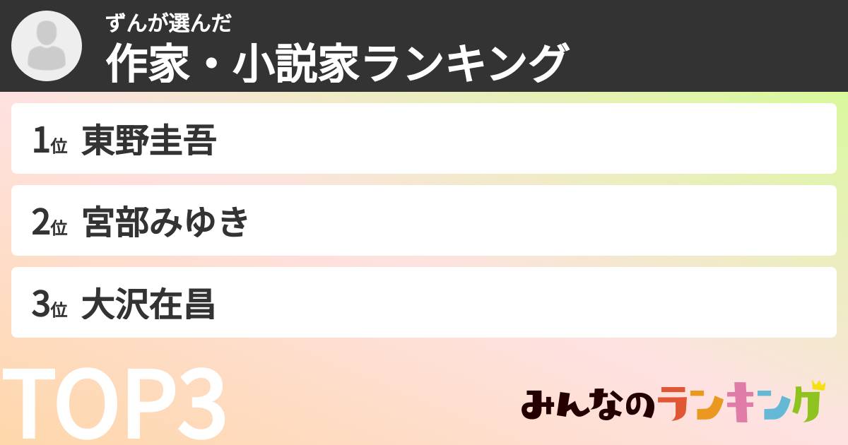 ずんさんの「作家・小説家ランキング」