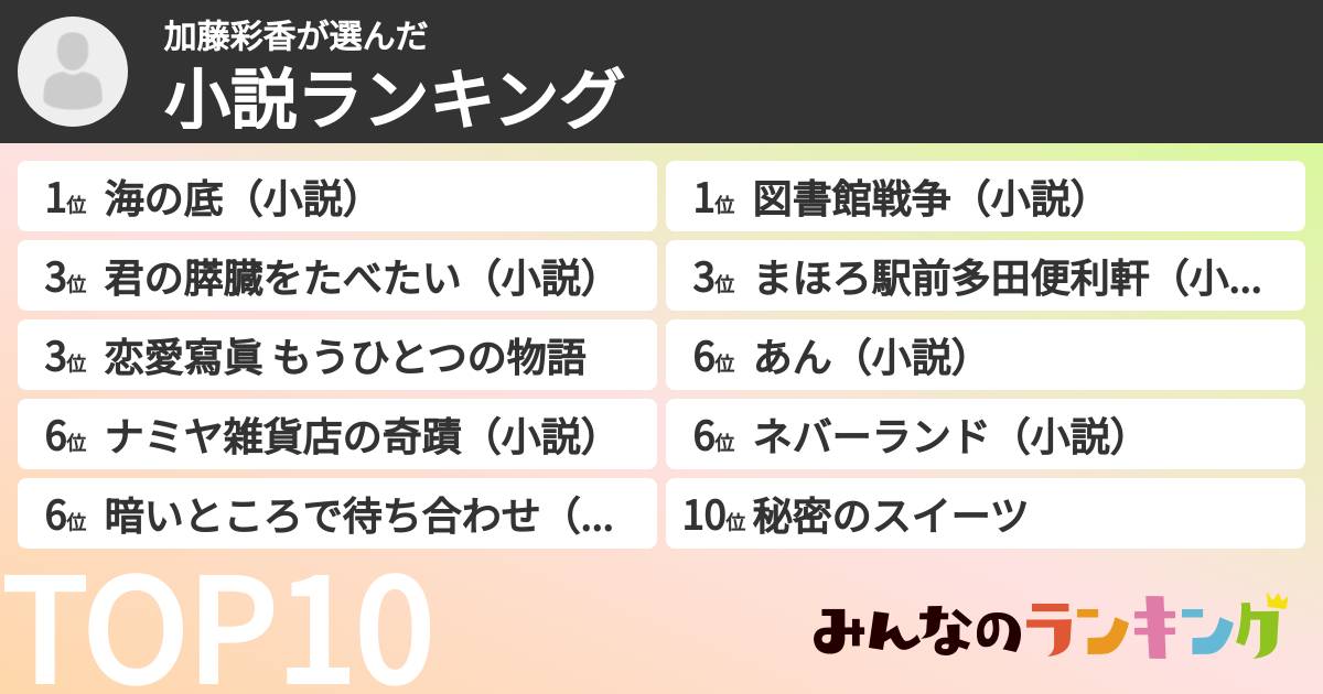 加藤彩香さんの「小説ランキング」