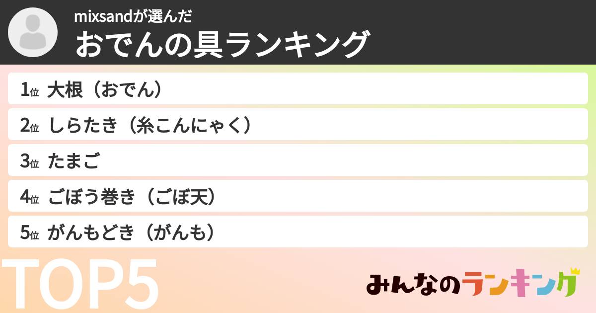 mixsandさんの「おでんの具ランキング」