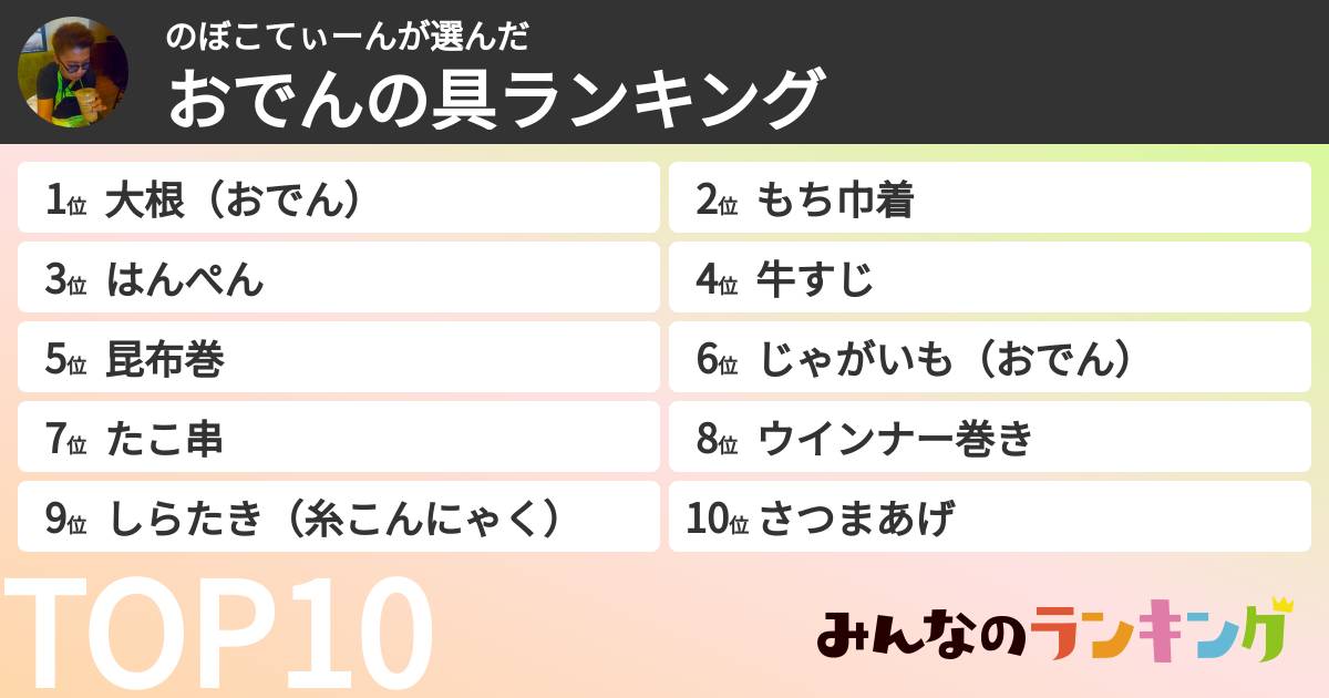 のぼこてぃーんさんの「おでんの具ランキング」