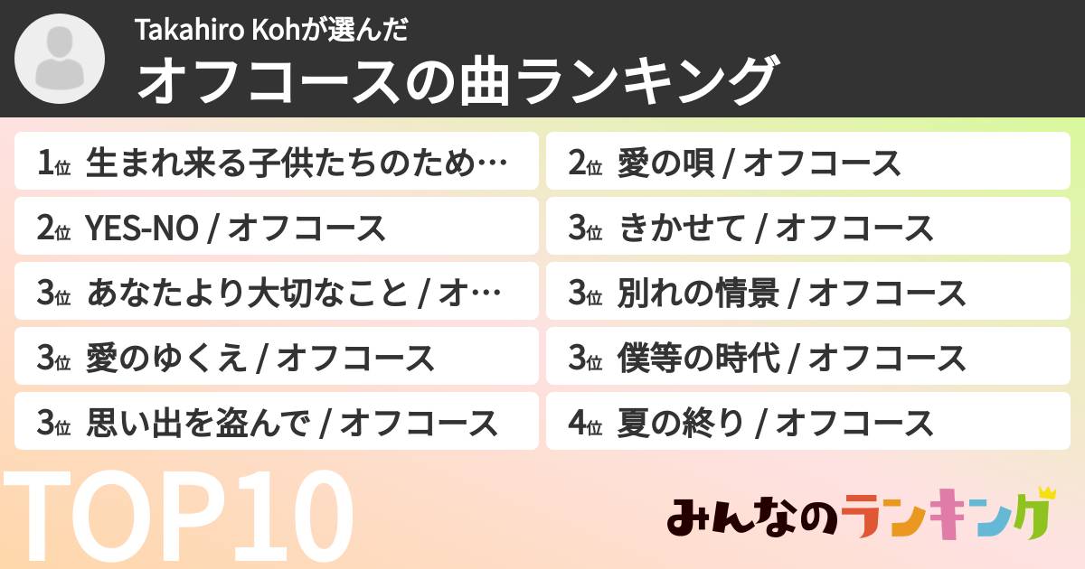 Takahiro Kohさんの「オフコースの曲ランキング」