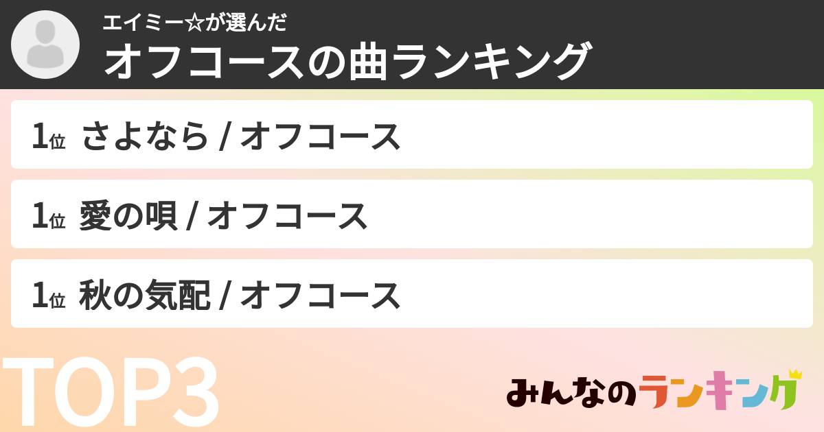 エイミー☆さんの「オフコースの曲ランキング」