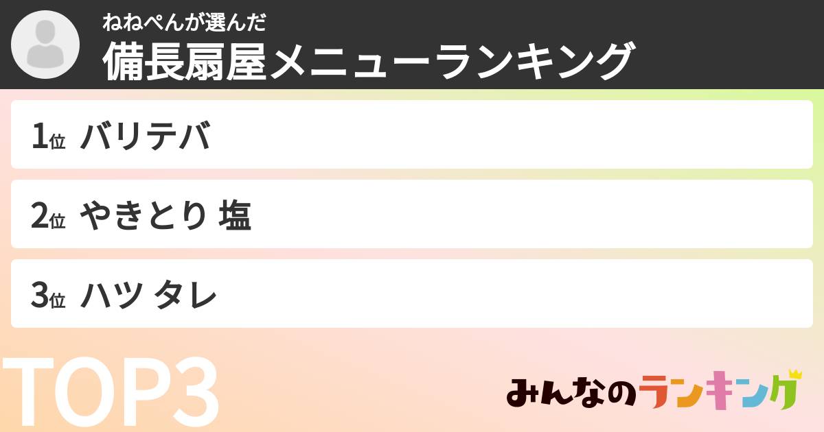 ねねぺんさんの「備長扇屋メニューランキング」