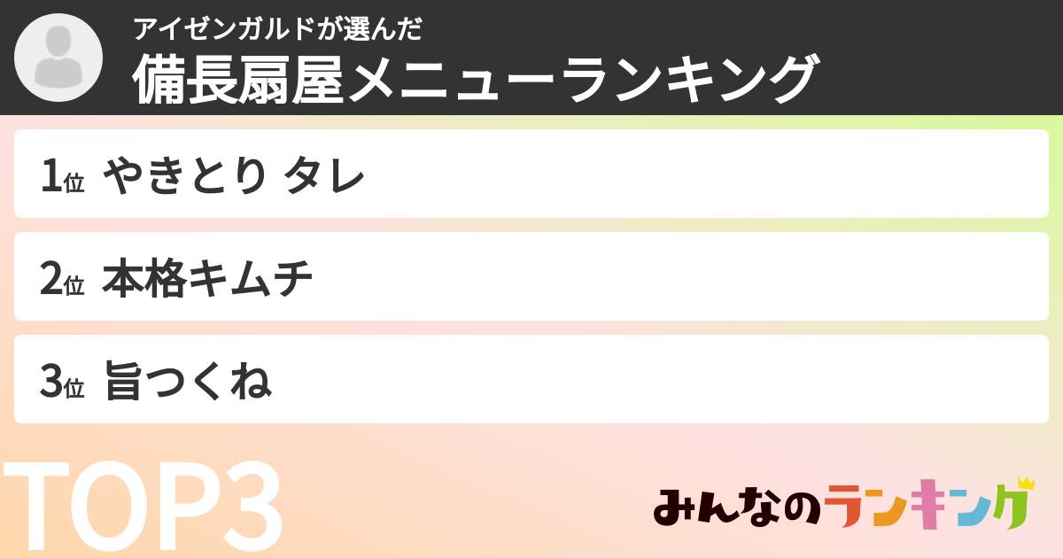 アイゼンガルドさんの「備長扇屋メニューランキング」