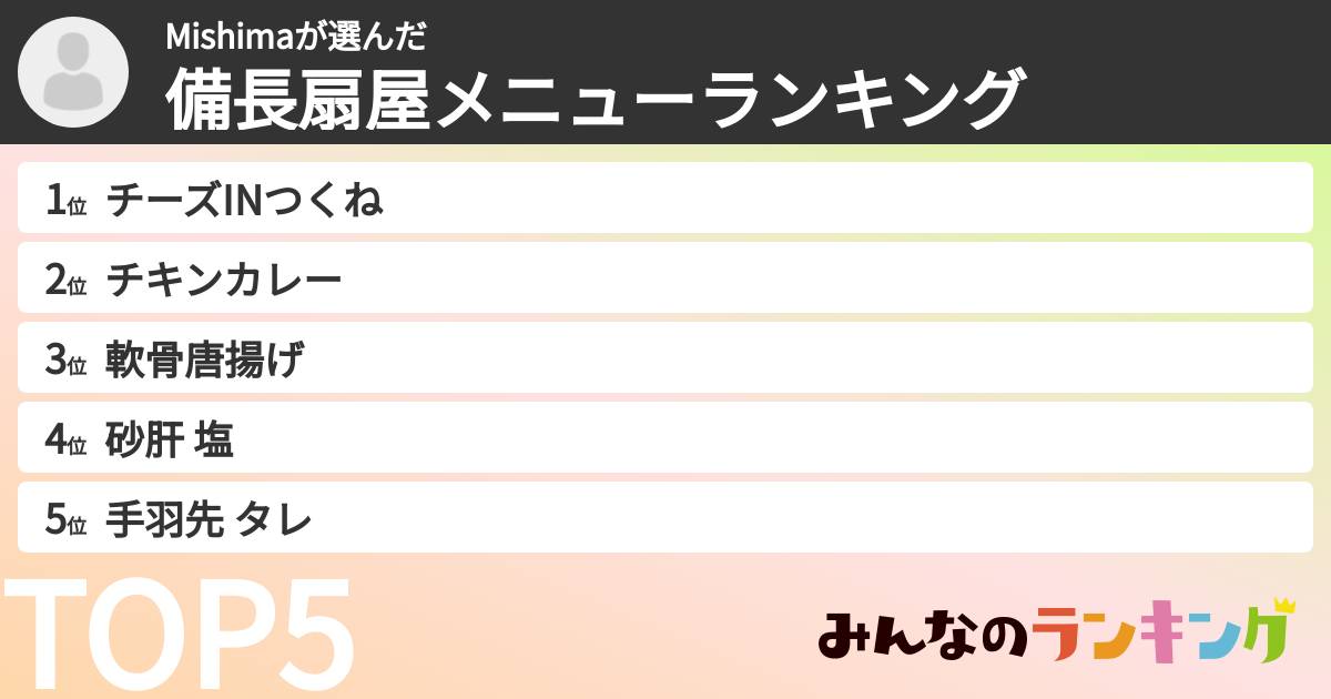 Mishimaさんの「備長扇屋メニューランキング」