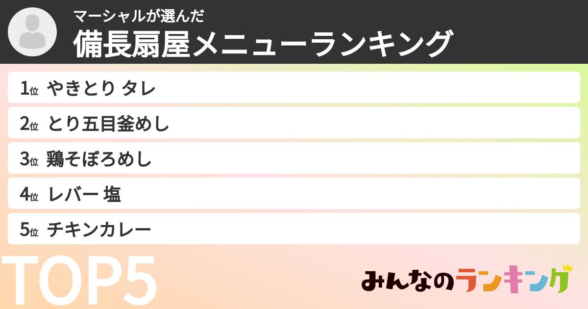マーシャルさんの「備長扇屋メニューランキング」