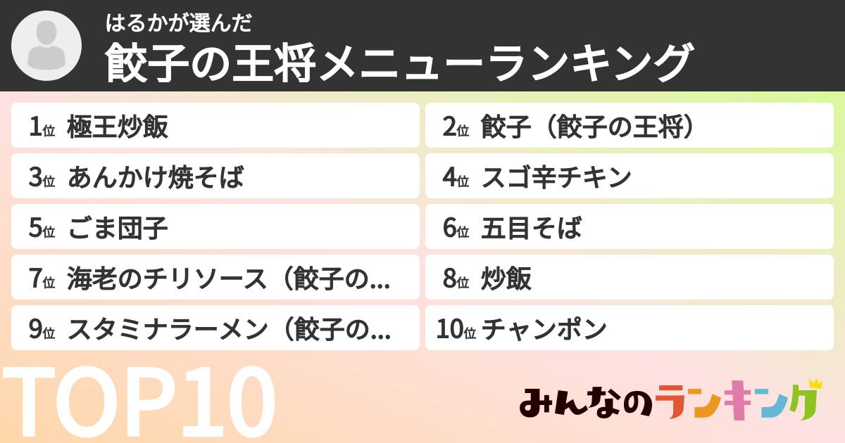 はるかさんの「餃子の王将メニューランキング」
