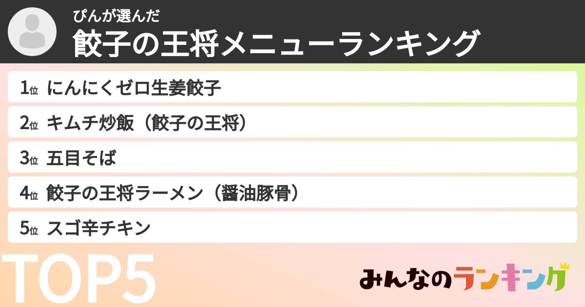 ぴんさんの「餃子の王将メニューランキング」