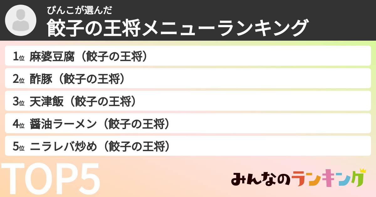 ぴんこさんの「餃子の王将メニューランキング」