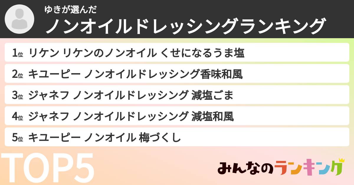 ゆきさんの「ノンオイルドレッシングランキング」