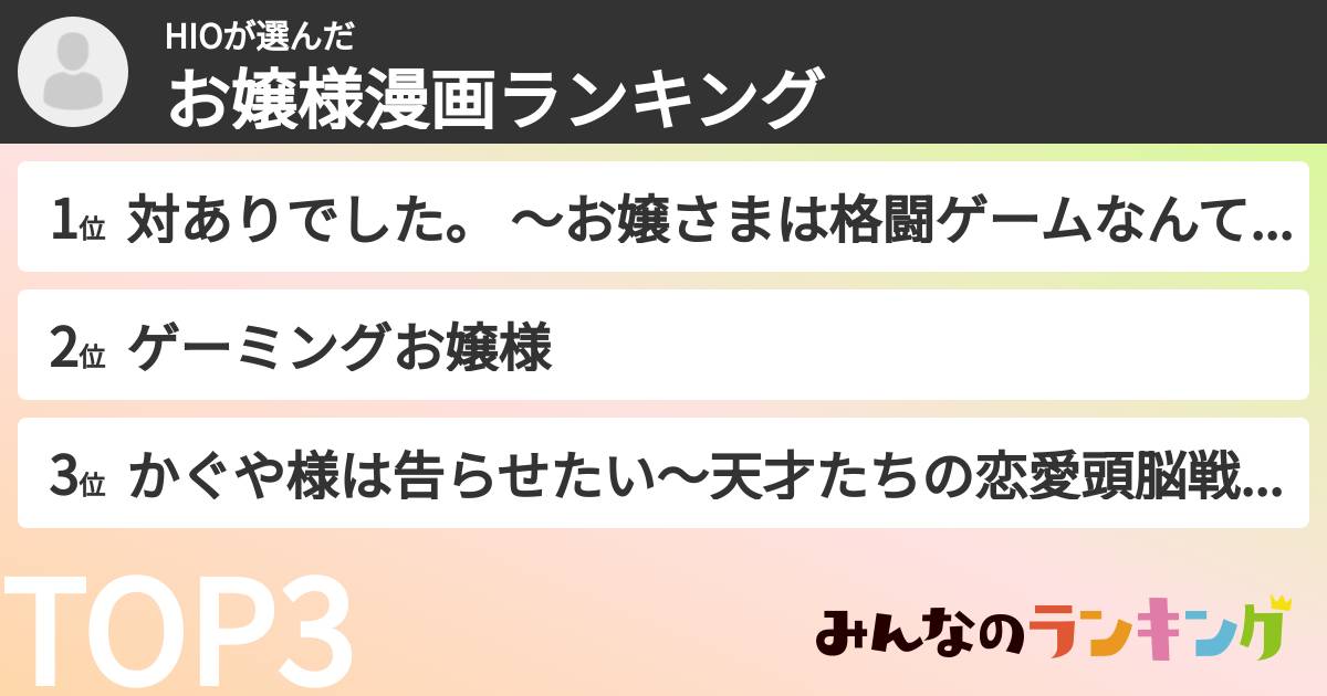 HIOさんの「お嬢様漫画ランキング」