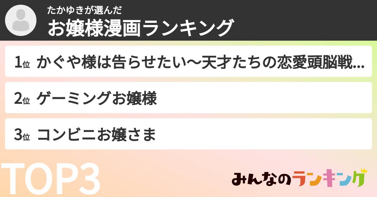 たかゆきさんの「お嬢様漫画ランキング」