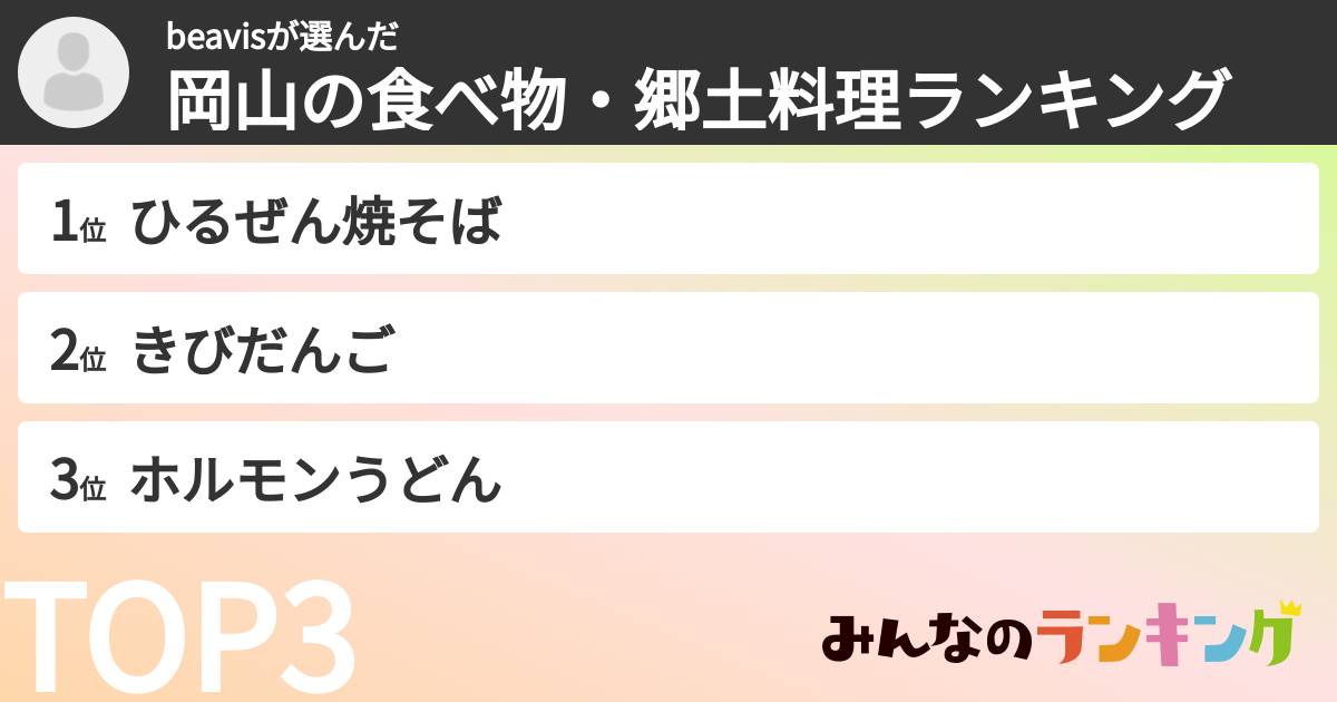 beavisさんの「岡山の食べ物・郷土料理ランキング」