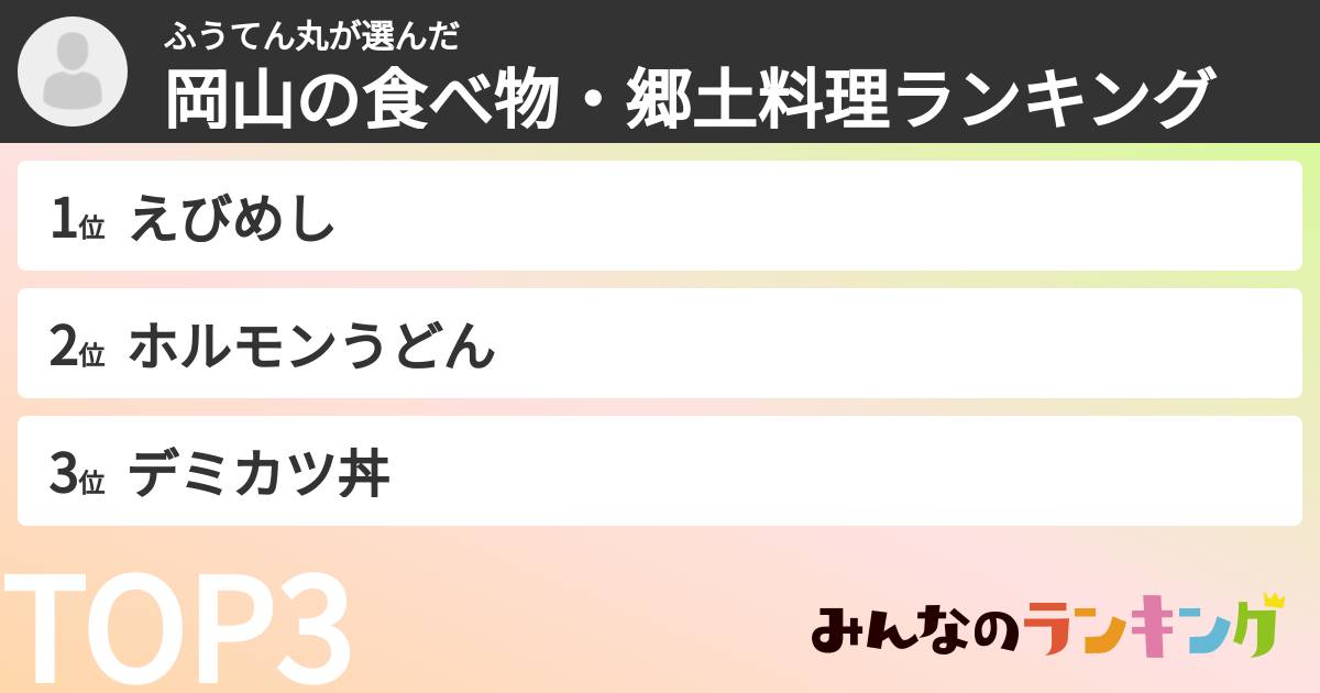 ふうてん丸さんの「岡山の食べ物・郷土料理ランキング」
