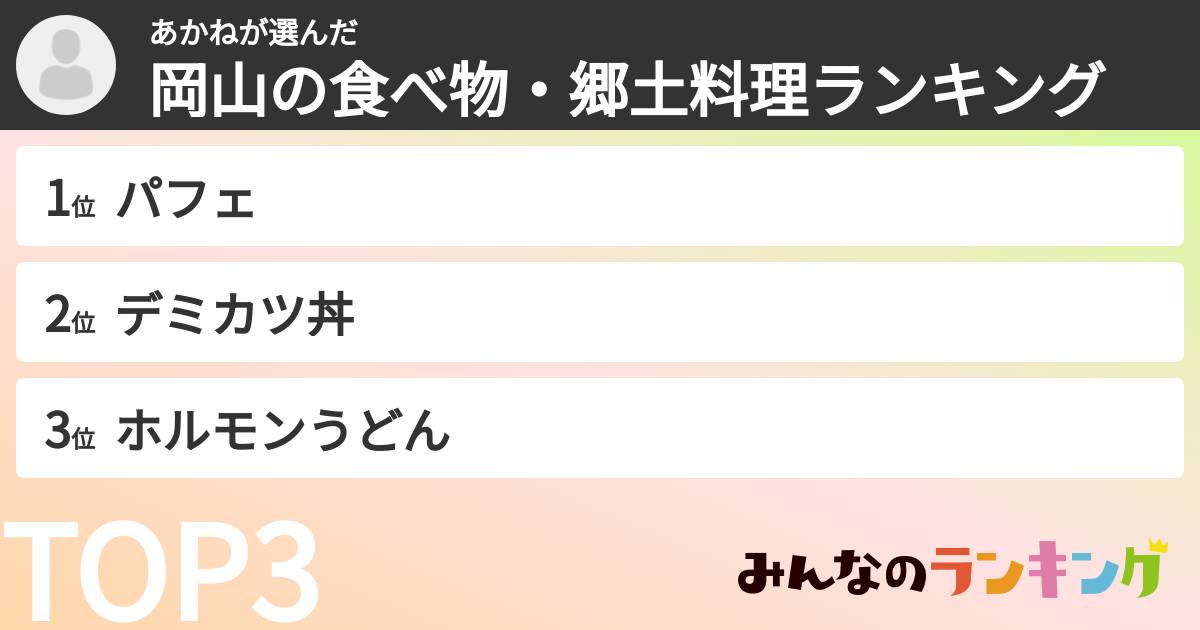 あかねさんの「岡山の食べ物・郷土料理ランキング」