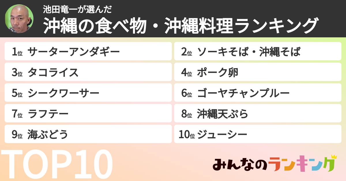 池田竜一さんの「沖縄の食べ物・沖縄料理ランキング」