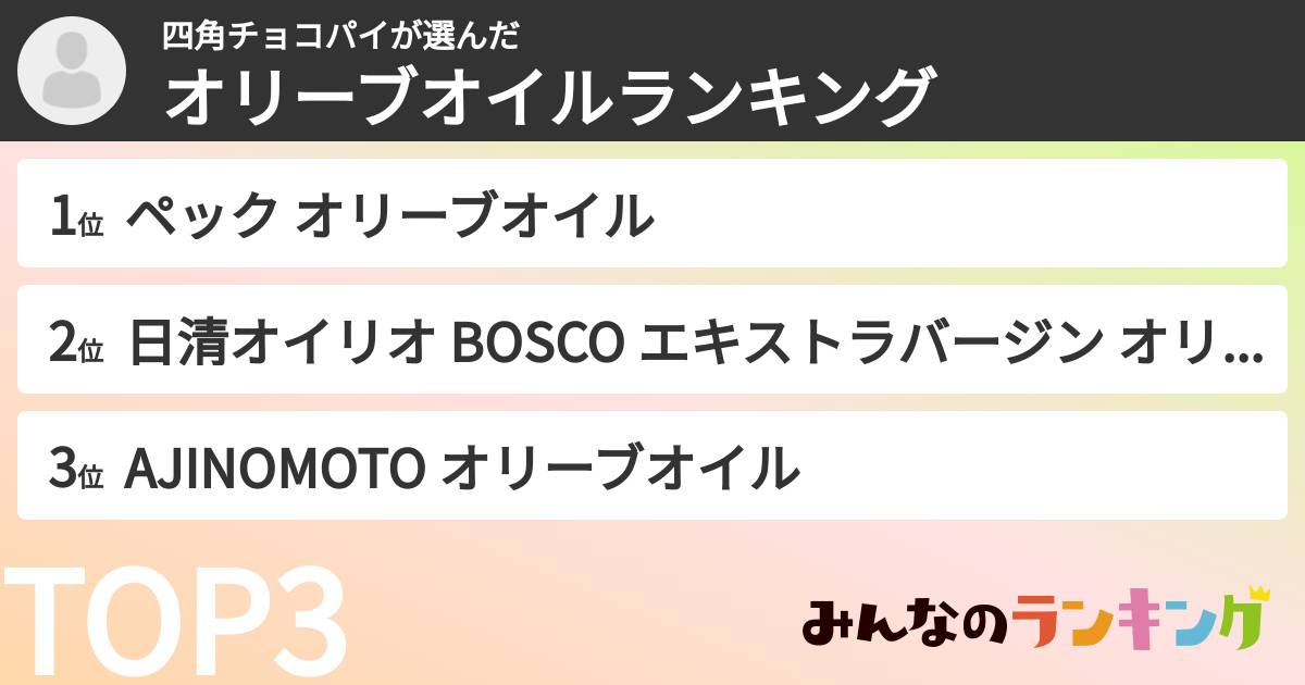 四角チョコパイさんの「オリーブオイルランキング」