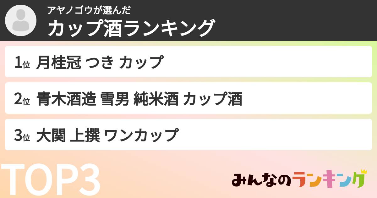 アヤノゴウさんの「カップ酒ランキング」
