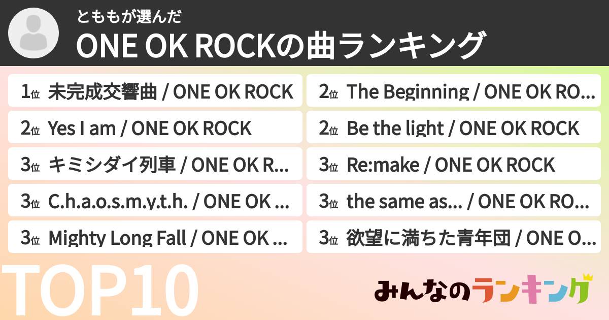 とももさんの「ONE OK ROCKの曲ランキング」