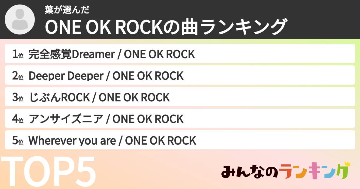 葉さんの「ONE OK ROCKの曲ランキング」
