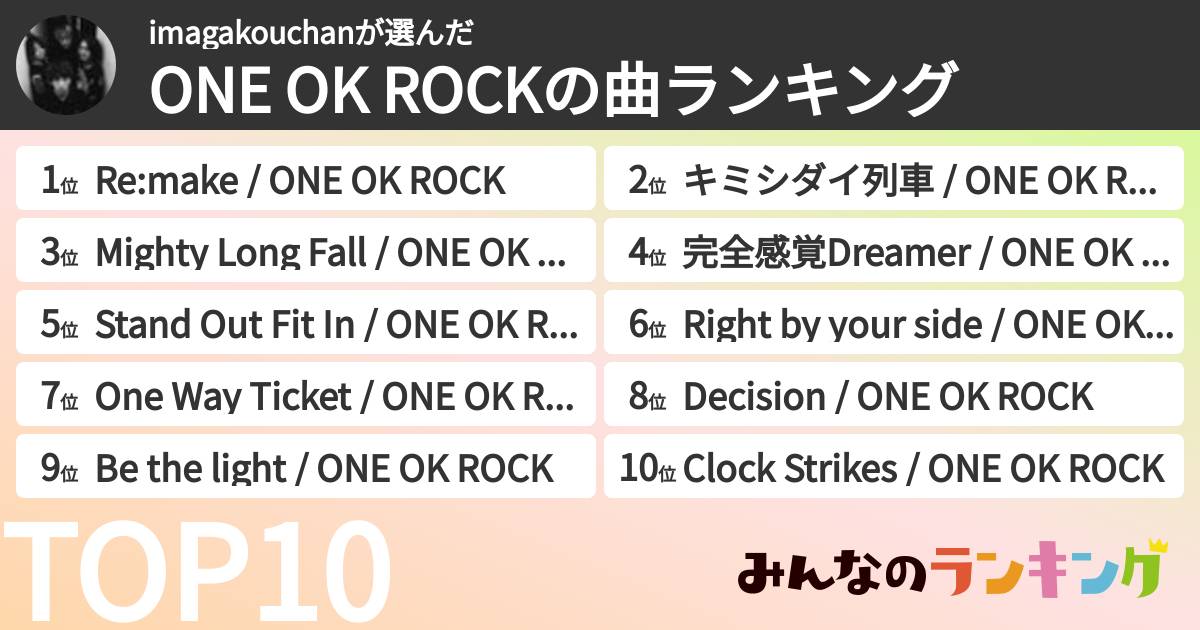 imagakouchanさんの「ONE OK ROCKの曲ランキング」