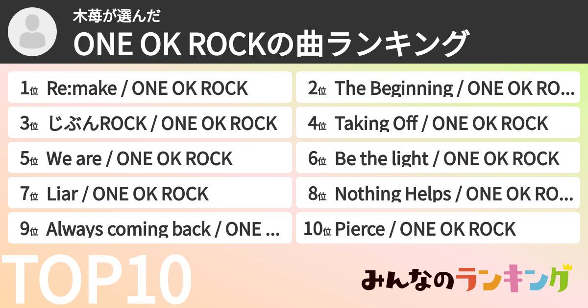 木苺さんの「ONE OK ROCKの曲ランキング」