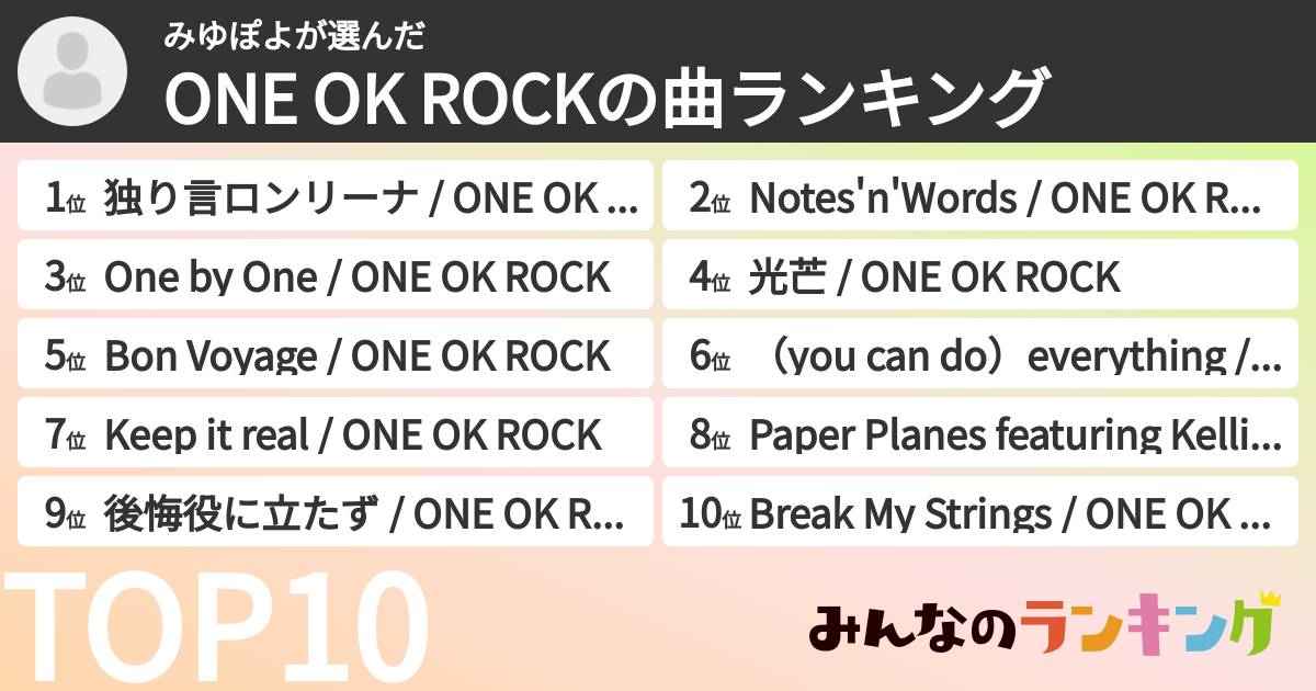 みゆぽよさんの「ONE OK ROCKの曲ランキング」