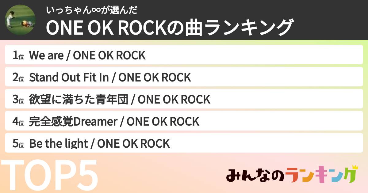 いっちゃん∞さんの「ONE OK ROCKの曲ランキング」