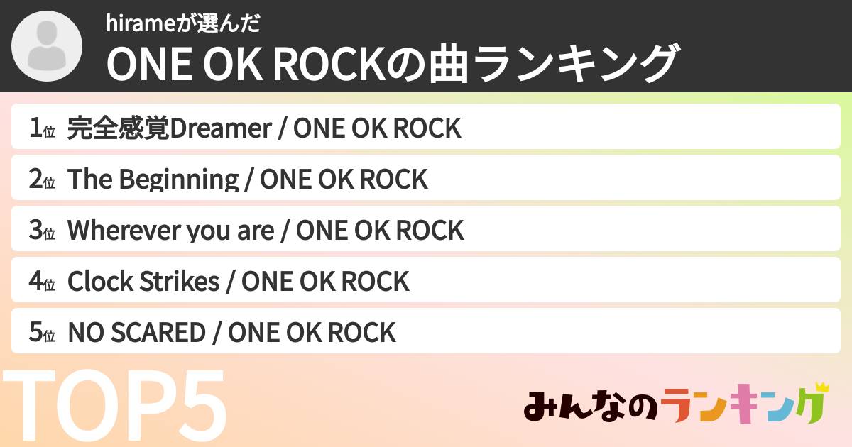 hirameさんの「ONE OK ROCKの曲ランキング」