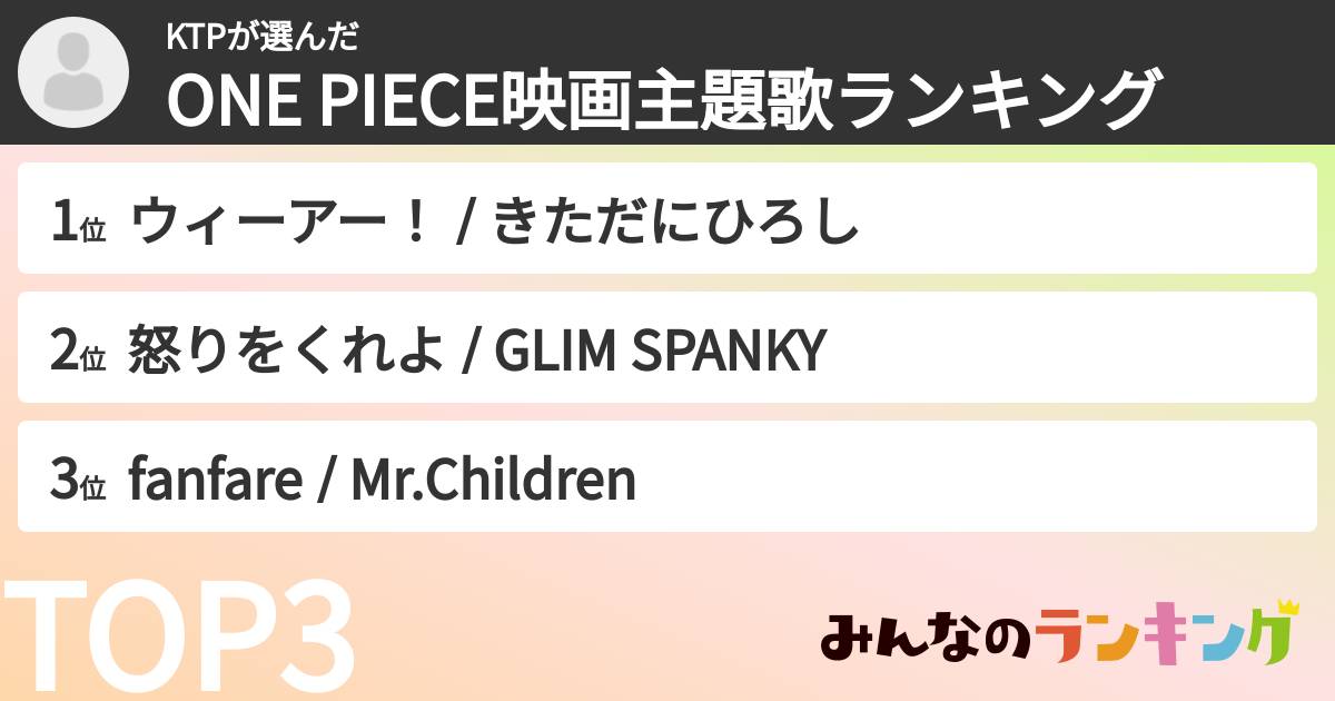 KTPさんの「ONE PIECE映画主題歌ランキング」