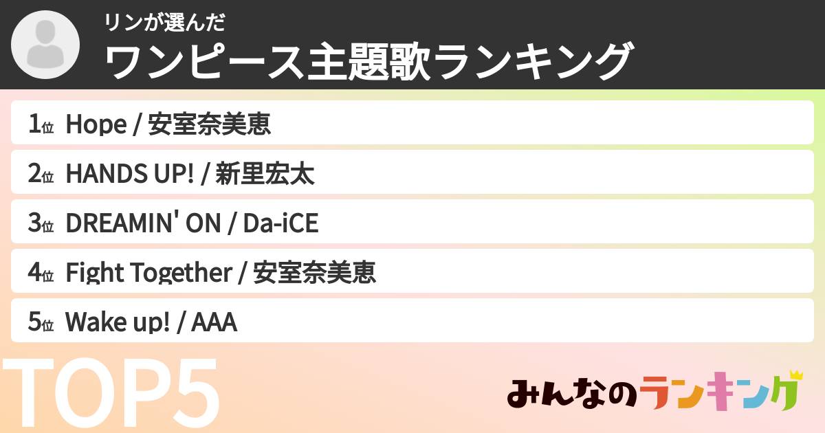 リンさんの「ワンピース主題歌ランキング」