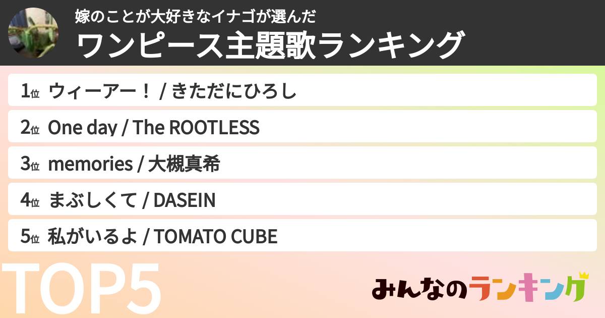 嫁のことが大好きなイナゴさんの「ワンピース主題歌ランキング」