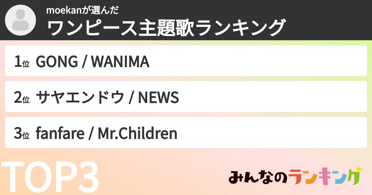 moekanさんの「ワンピース主題歌ランキング」